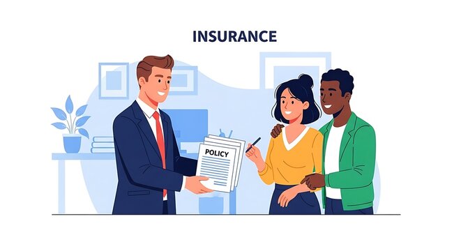 Professional insurance agent discussing policy with clients.