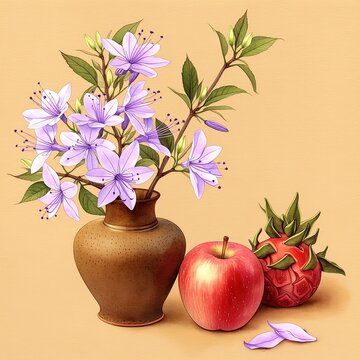 Watercolor Painting Brown Vase Left Light Purple Flowers Red Apples Dragon Fruit Two Loose Purple Petals Bottom Right Light Brown Texture