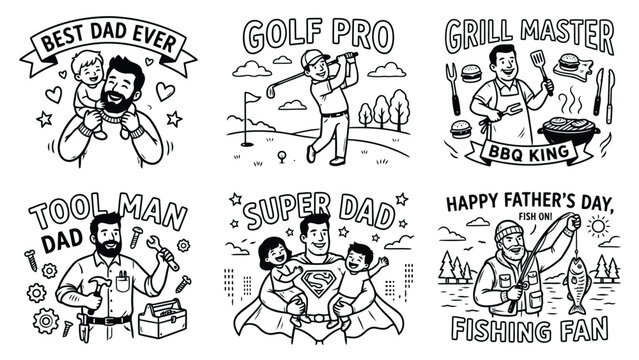 Black and white line drawings of fathers day themes and activities