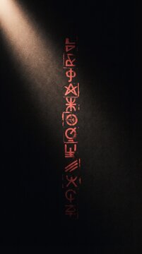 Vertical glowing red runic symbols on dark textured wall under spotlight, ancient mystery and occult concept