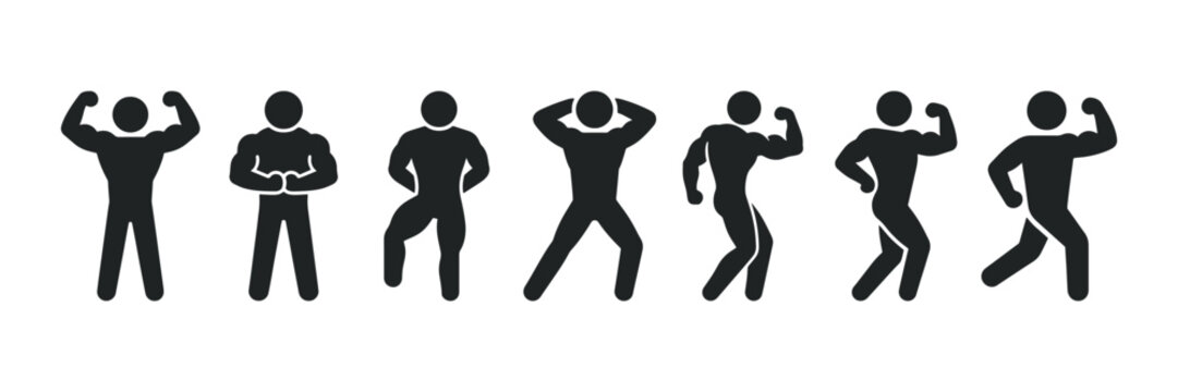 Black silhouettes of bodybuilders in various flexing poses perfect for fitness motivation and gym strength training concepts