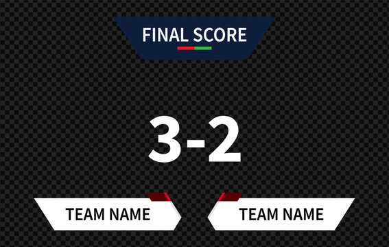 Final score sports scoreboard graphic template with 32 result, vector illustration of match outcome display with placeholder for team names on dark background