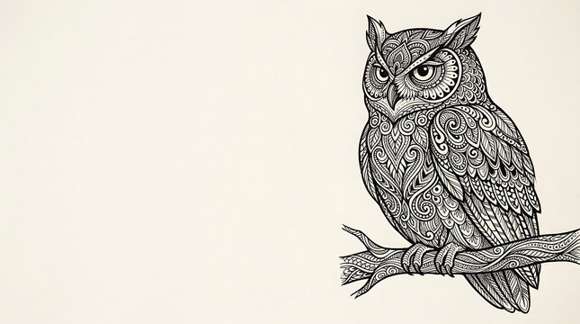 Intricate patterned owl sitting on a branch with negative space