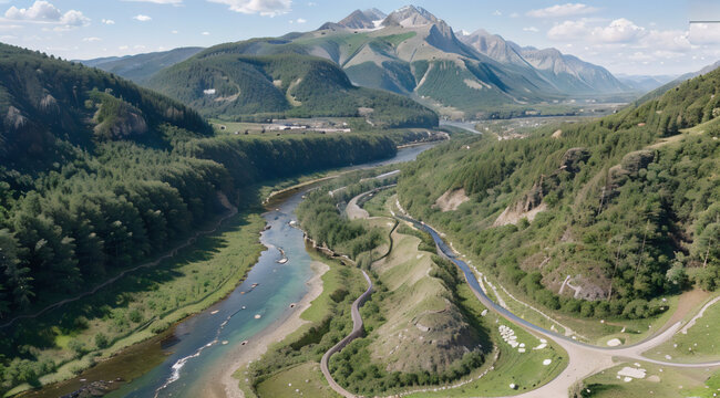 Panor&aacute;mica de un rio de monta&ntilde;a entre laderas y bosques nativos