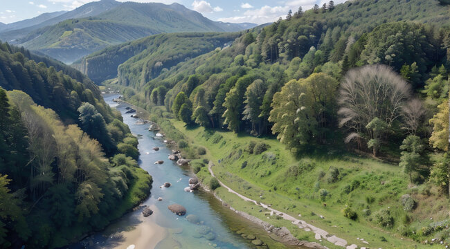 Rio serpenteante rodeado de frondosa vegetacion y colinas verdes