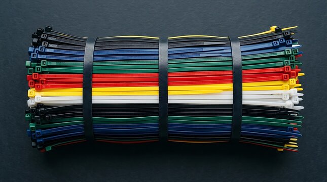 Bundle of multicolored plastic cable ties organized on a dark background