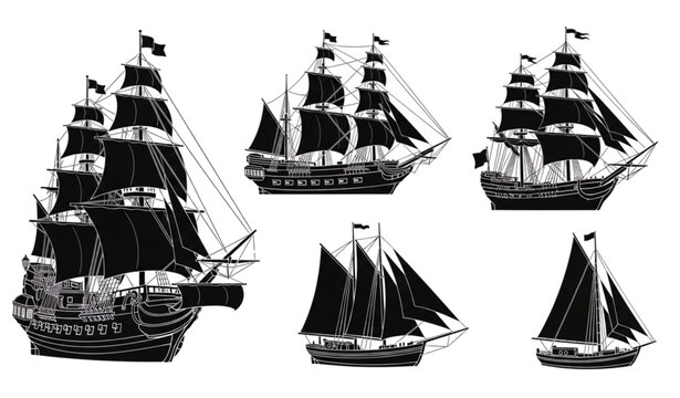 Classic Maritime Sailing Ships Black Silhouette Set
