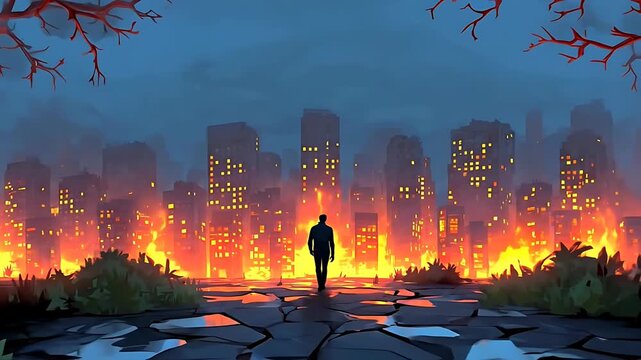 Man watches burning cityscape at night.