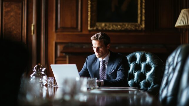 21.Male executive concentrating on laptop while seated in law office conference room, elegant interior details, business and legal strategy concept