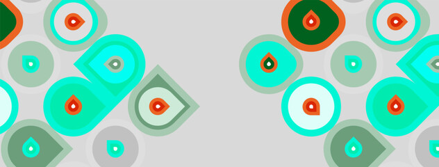 Fototapeta premium Abstract pattern features overlapping circles, squares. Teal, orange, gray colors dominate design. Simple shapes create modern aesthetic.