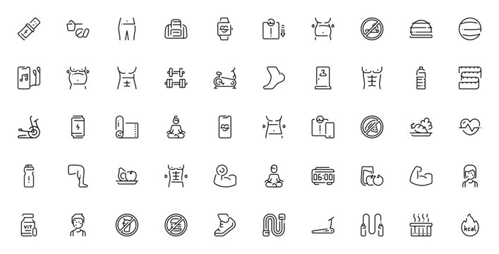 Health icon set. Minimal line health and fitness icons. Featuring dumbbell, yoga mat, water bottle, heart rate, scale, no smoke, energy bar, vegetables, sneaker, treadmill, skipping rope and more. Edi