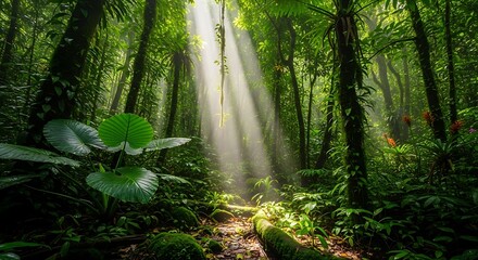 Fototapeta premium Serene waterfall cascading through lush green forest scene.