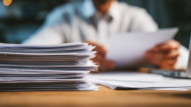9.Auditor or legal professional carefully reviewing documents, close up composition, neutral office lighting, professional work concept
