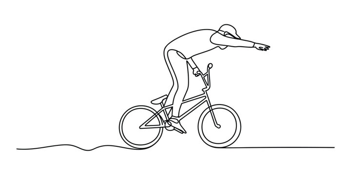 Continuous line drawing of a person riding a bmx bicycle