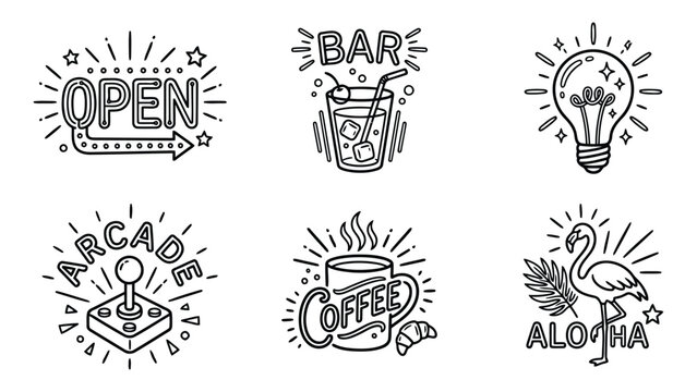 Set of six doodle style icons for business and leisure activities