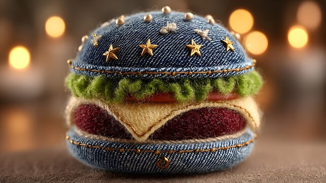 Artistic hamburger made of blue denim fabric textures with golden star accents, resembling a handcrafted plush toy.