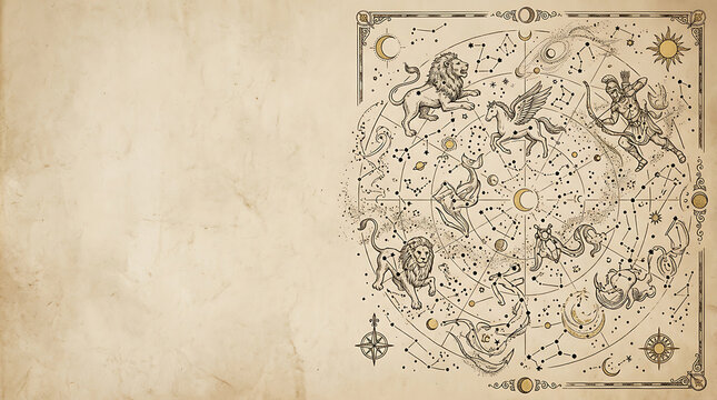 Vintage celestial map with constellations on aged parchment background