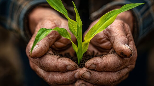 86.Hands softly holding a young corn sprout, detailed leaf texture, natural daylight, crop care and manual farming process