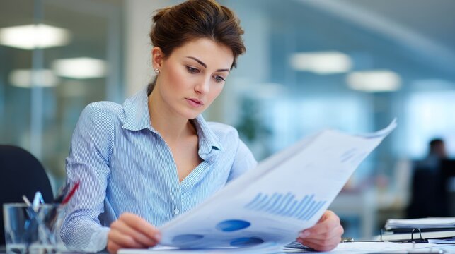 8.Businesswoman studying lengthy report at desk, office background, professional and analytical atmosphere, corporate lifestyle theme