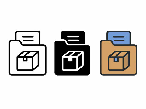 Three variation of package folder icons with inserted documents in black and white, blue, and brown
