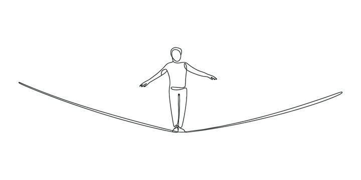 Continuous line drawing of a person walking on a tightrope