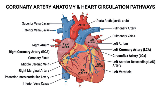 Coronary artery anatomy and heart blood circulation diagram