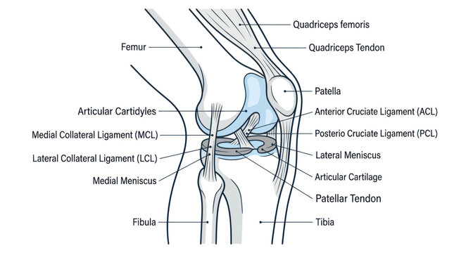 Human knee joint anatomy with labeled ligaments and bones