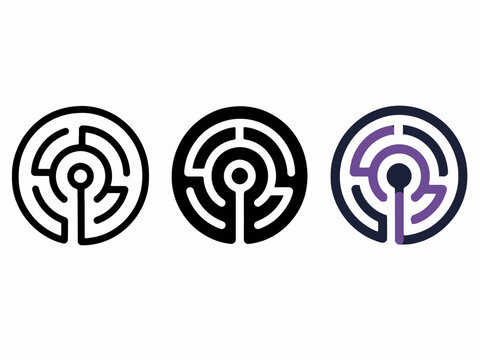 Minimalist circular maze design with three variations in black and purple