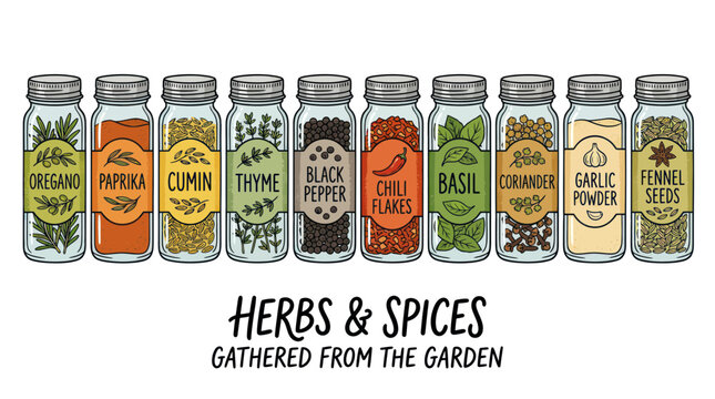 Garden herbs and aromatic spices in glass kitchen storage jars
