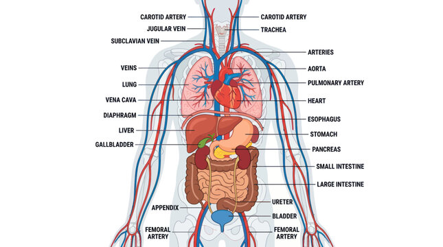 Medical diagram of human internal organs and circulatory system