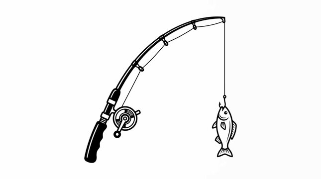 Black and white line art illustration of a fishing rod with a caught fish.