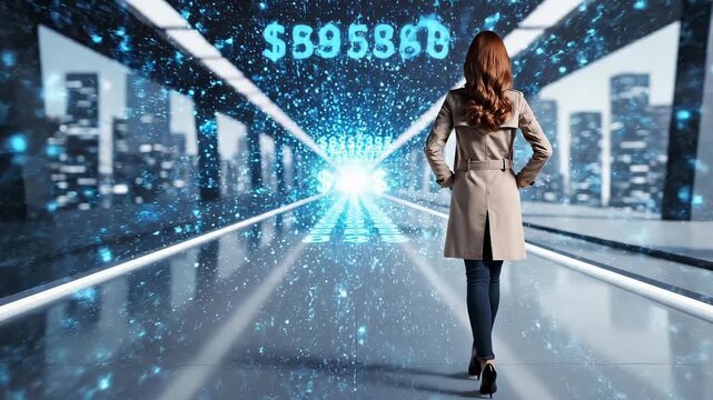 Woman moving forward as a long debt timeline contracts behind them step by step. Concept of debt reduction, financial progress, repayment discipline, and moving toward economic freedom