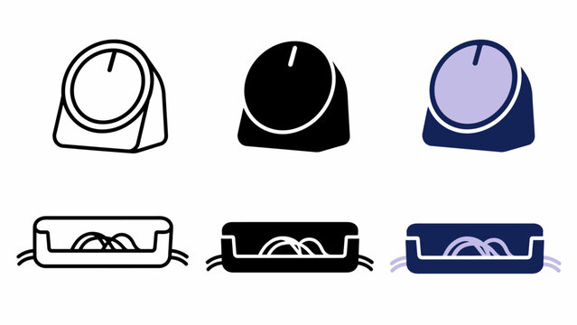 Minimalist icon set: volume knob and cable organizer in black, white, and blue variations