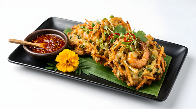 Indonesian bakwan udang shrimp fritters topped with chili, microgreens, and cilantro served on banana leaf with sweet chili dipping sauce and marigold garnish on a black tray.