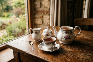 Fototapeta premium Vintage Floral Tea Set on Rustic Wooden Table by Window