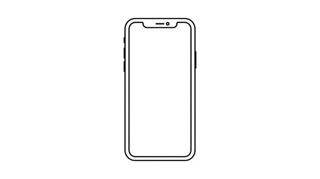 Minimalist smartphone line art illustration, modern mobile phone wireframe with blank screen, digital device outline for app UI design isolated on Transparent Background