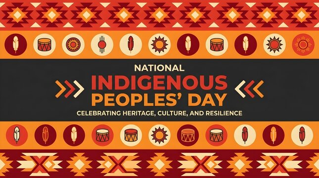 Indigenous Peoples Day celebration poster with cultural symbols and national theme background