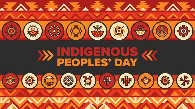 Indigenous Peoples Day celebration with cultural symbols and decorative patterns in vibrant red and gold