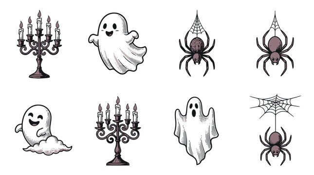 Halloween icon set ghosts candles and spider vector illustration.