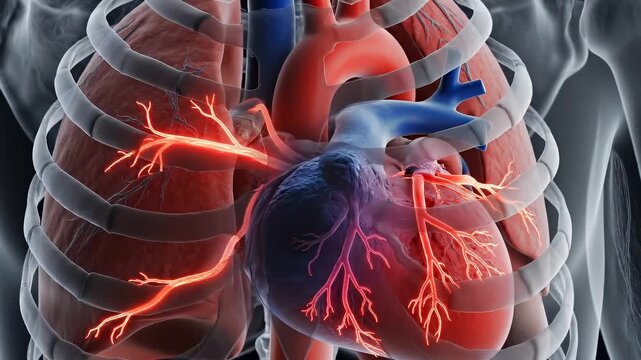 Chest shown from low oblique view as coronary pathway constricts and localized heart region weakens in pulse, illustrating impaired circulation, cardiac stress, vascular restriction