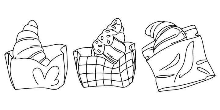 Set of linear croissants in paper bags, sweet buns takeaway food, fresh puff pastry from coffee shop, bakery, menu design