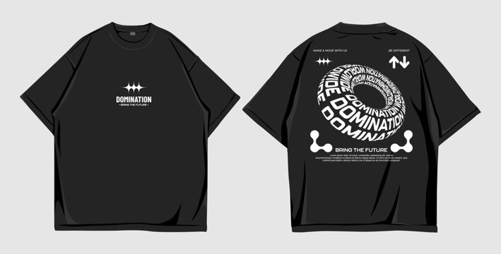 Modern Black Oversized T Shirt Mockup with Futuristic Typography and 3D Spiral Domination Graphic Design