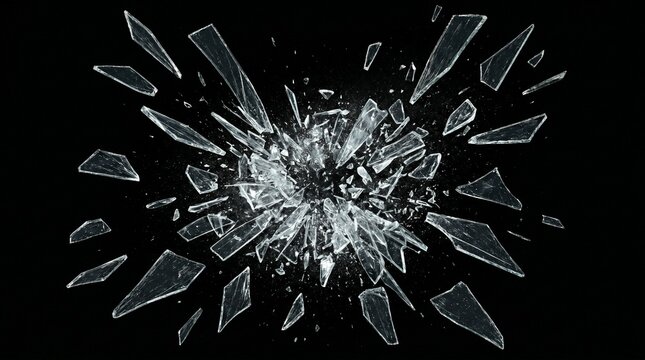 Explosive shattered glass shards flying outward isolated on black background, dynamic broken crystal fragments with dust particles, high contrast destruction effect