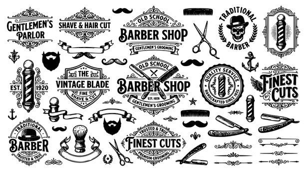 Vintage barber shop label vector set with retro badges and emblems