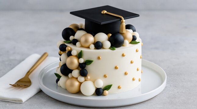 Graduation cake with mortarboard topper for a sweet celebration dessert party