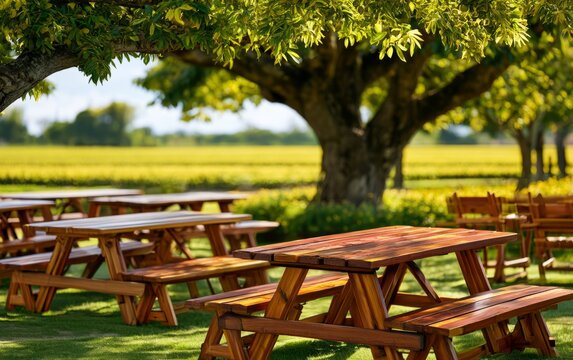Wooden Benches Arranged for Picnic Under Large Lush Tree