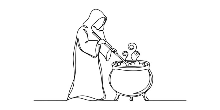 Wizard stirring a magic potion in a large iron cauldron