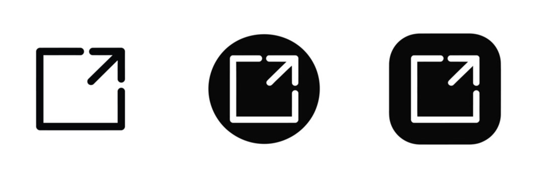 External link icon set, redirect arrow symbols, open link button UI elements, website navigation and sharing features vector illustration.