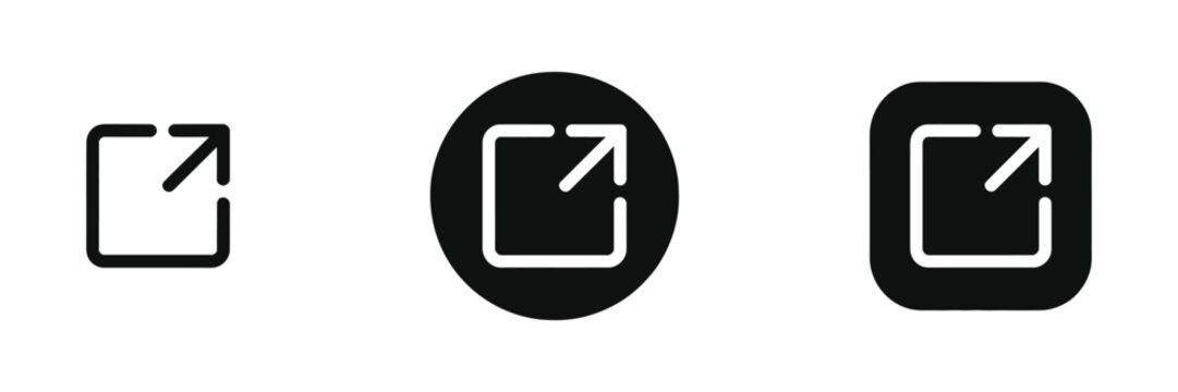External link icon set, redirect arrow symbols, open link button UI elements, website navigation and sharing features vector illustration.