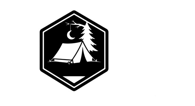 Camping Tent Icon, Night Scene, Moon and Stars, Forest Silhouette, Outdoor Adventure Emblem